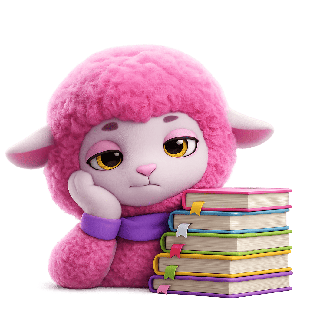 Bored Qozy sheep with books